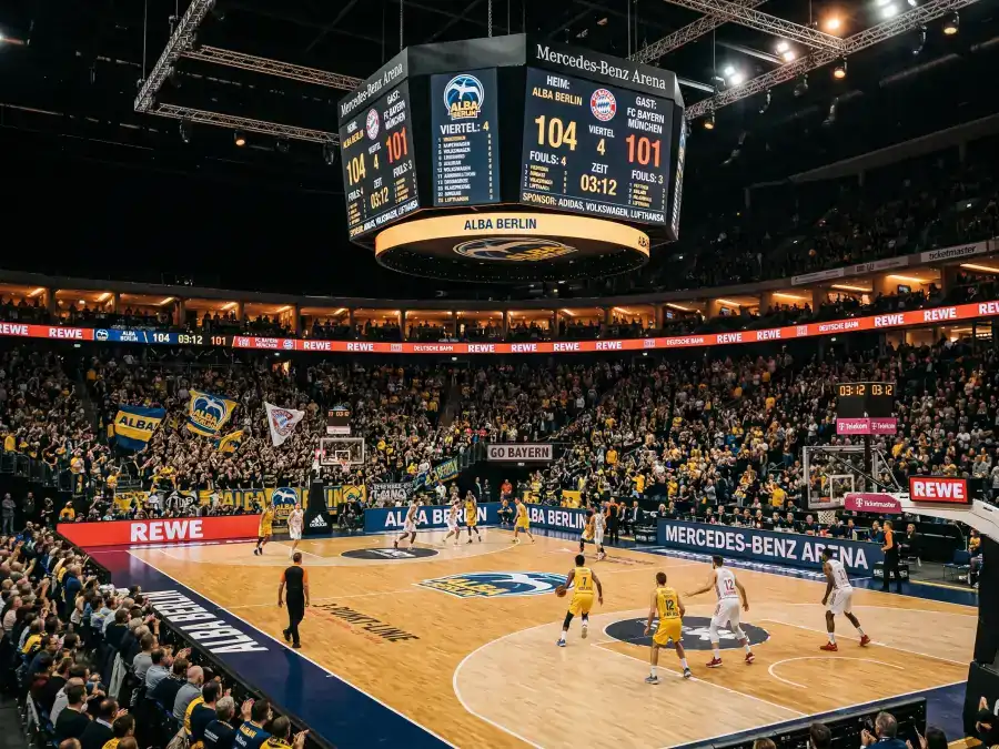 Zwei Basketball-Teams auf dem Spielfeld mit Punktestand-Anzeige