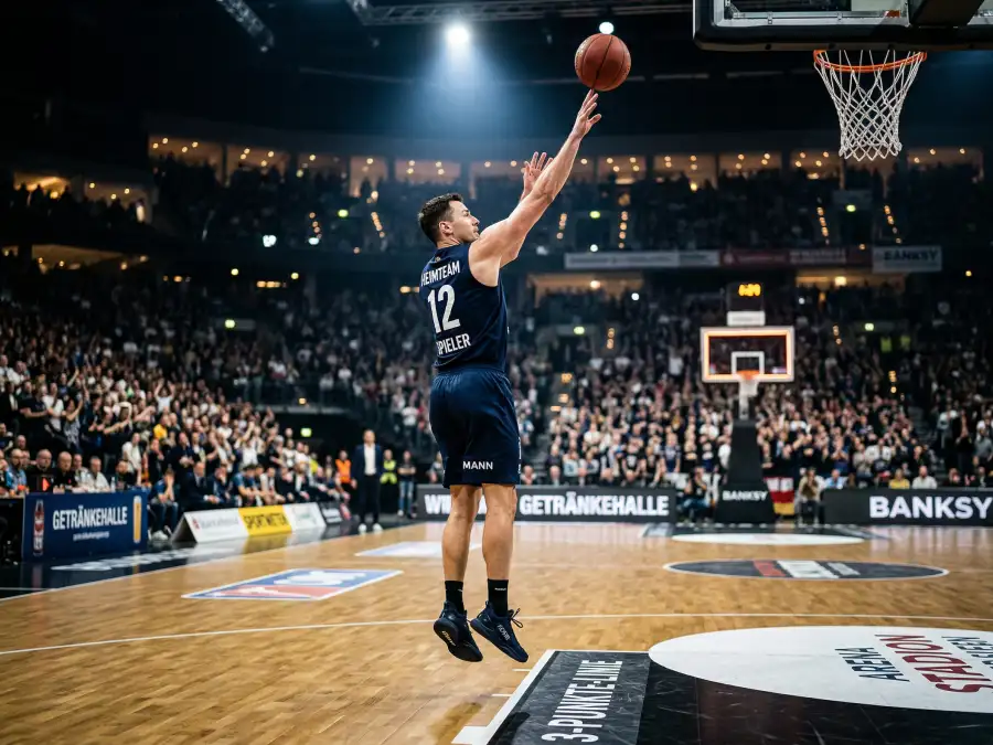 Basketball-Spieler beim Wurf mit statistischen Leistungsdaten