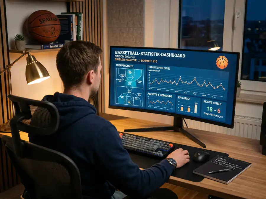 Person analysiert verschiedene Basketball-Wettmärkte am Schreibtisch